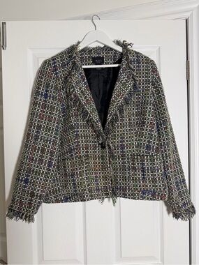 Vintage M.D.L. New York Multicolor Tweed Bouclé Fringe Blazer Jacket Size 12